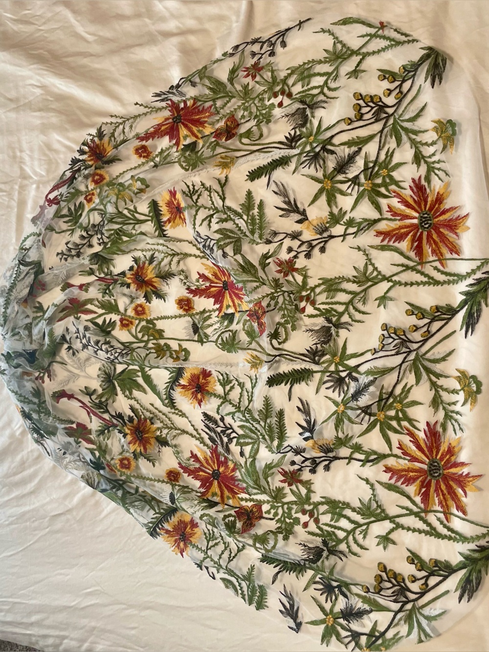 Embroidered Floral Bridal Veil - White with Green & Red Floral Detail